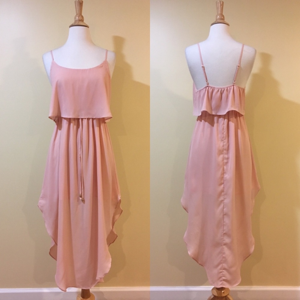 Ruffled Overlay Long Side Slits Spaghetti Strap Tie Front Blush Dress - Picture 3 of 7